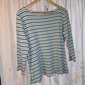 Nautica Women's Large Aqua Navy Blue Grey Stripe Boat Neck 3/4 Sleeve Top